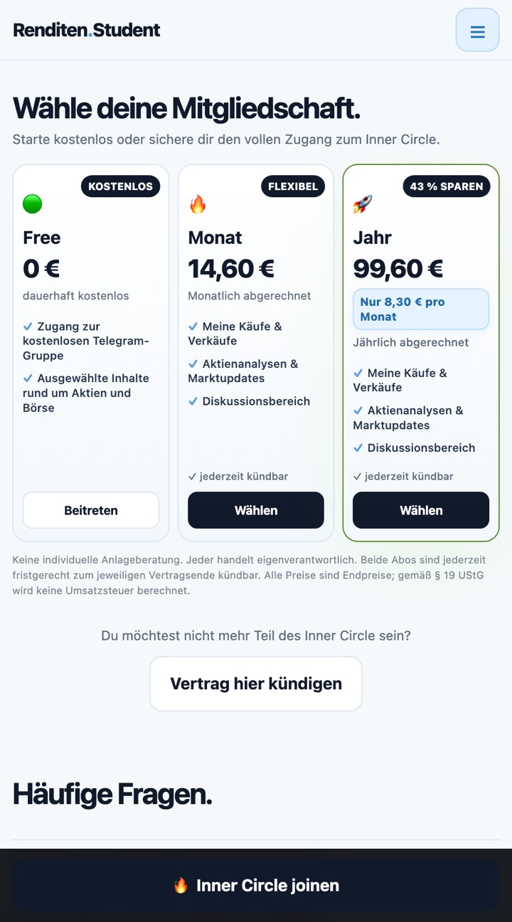 Auswahl von Monats- und Jahresabo bei Renditen.Student