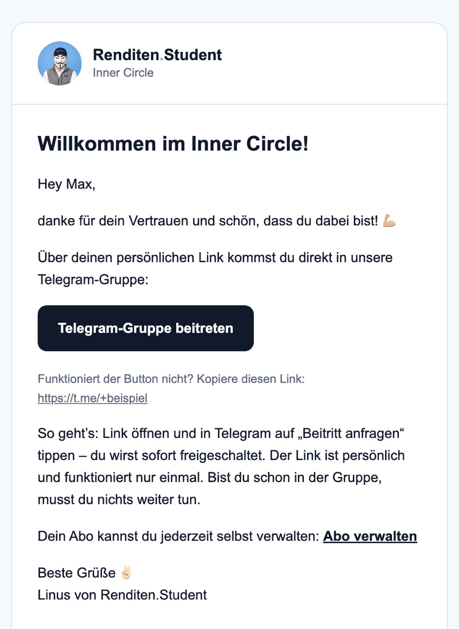 Zugangsmail mit Button zum Beitritt in die Telegram-Gruppe
